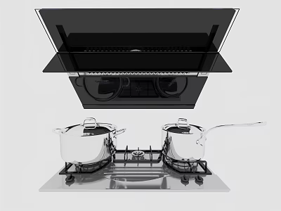 Modern Kitchen Appliances With Range Hood Gas Stove And Stainless Steel Pots 3d model