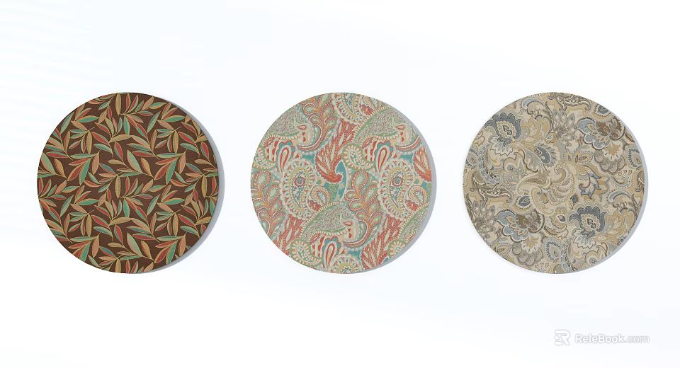 Decorative Round Carpets Featuring Leaf Paisley and Intricate Floral Patterns 3d model