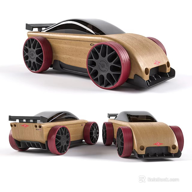Wooden Sports Car With Red Black Wheels In Multiple Angles 3d model 
