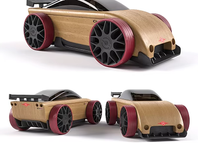 Wooden Sports Car With Red Black Wheels In Multiple Angles 3d model