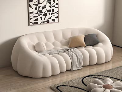 Curved Pleated Two Seater Sofa With Beige Gray Pillows And Gray Blanket On Wooden Floor 3d model
