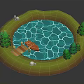 Round Pool Scene With Wooden Bridge Small Boat Green Trees And White Stones