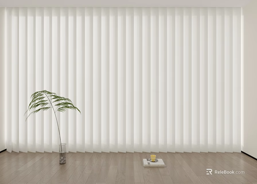 White Vertical Blinds Enhancing Modern Interior with Wooden Floor and Green Plant 3d model 