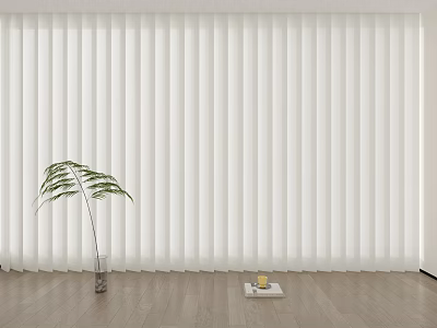 White Vertical Blinds Enhancing Modern Interior with Wooden Floor and Green Plant 3d model