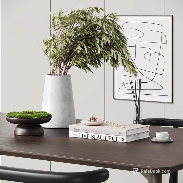 Decorative Ornament Set With White Vase Green Foliage Moss Bowl Books Teacup And Line Art 3d model 