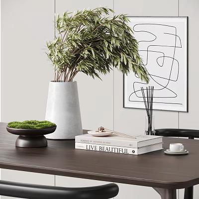 Decorative Ornament Set With White Vase Green Foliage Moss Bowl Books Teacup And Line Art 3d model