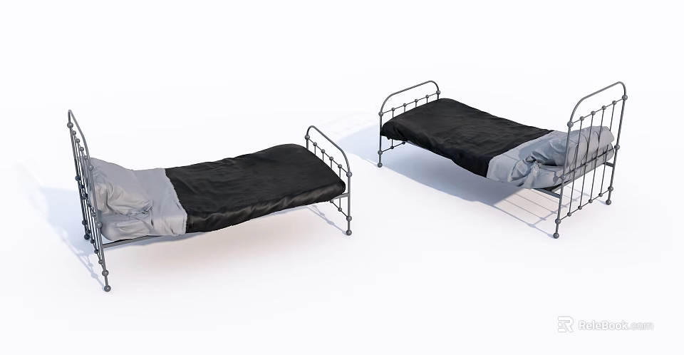 Single Bed Featuring Metal Frame Black Mattress and Gray Messy Bedding 3d model 