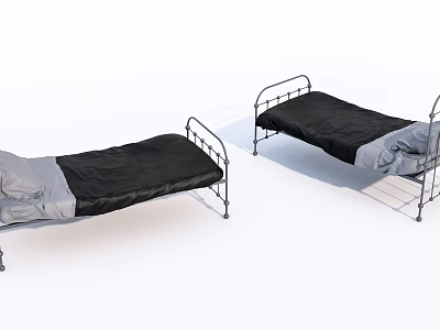 Single Bed Featuring Metal Frame Black Mattress and Gray Messy Bedding 3d model