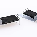 Single Bed Featuring Metal Frame Black Mattress and Gray Messy Bedding