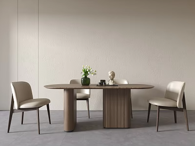 Minimalist Round Dining Table Set With Wooden Chairs And Vase Decorations 3d model