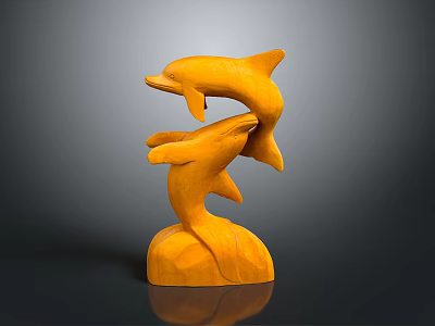 Yellow Wooden Dolphin Sculpture Home Decor Ornament With Leaping Dolphins On Wave Shaped Base 3d model