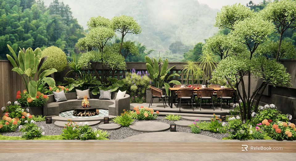 Serene Courtyard Garden Featuring Outdoor Sofa Fire Pit Dining Table Lush Green Plants And Trees 3d model 