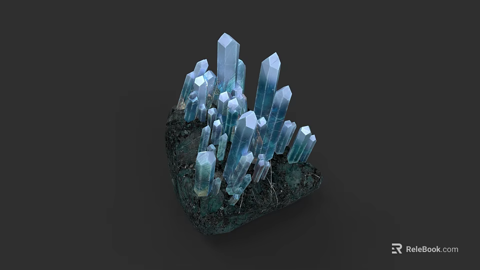 Artistic Blue Columnar Crystal Sculpture With Natural Growth On Black Base 3d model 