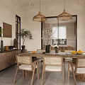 Warm Natural Living Dining Room With Wooden Furniture Beige Sofa And Potted Plant