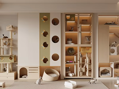 Modern Pet Room Design With Cat Beds Climbing Shelves Toys And Cozy Spaces 3d model