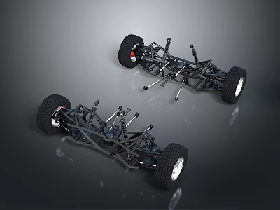 Two Black Toy Car Chassis With Large Wheels And Metal Frame Structure 3d model