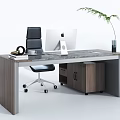 Modern Office Desk With White And Black Chair Computer Monitor Potted Plant And Side Cabinet