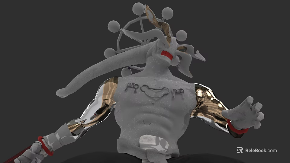 3D Mythical Biological Character With Metallic Arms Head Ornamentation Chest Symbols And Red Wristbands 3d model 
