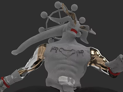 3D Mythical Biological Character With Metallic Arms Head Ornamentation Chest Symbols And Red Wristbands 3d model