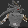 3D Mythical Biological Character With Metallic Arms Head Ornamentation Chest Symbols And Red Wristbands