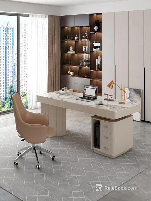 Elegant Modern Desk With Marble Top Laptop Gold Lamp Chair And Floor To Ceiling Window 3d model 
