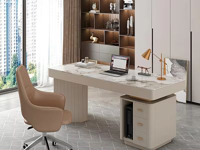 Elegant Modern Desk With Marble Top Laptop Gold Lamp Chair And Floor To Ceiling Window 3d model