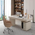 Elegant Modern Desk With Marble Top Laptop Gold Lamp Chair And Floor To Ceiling Window