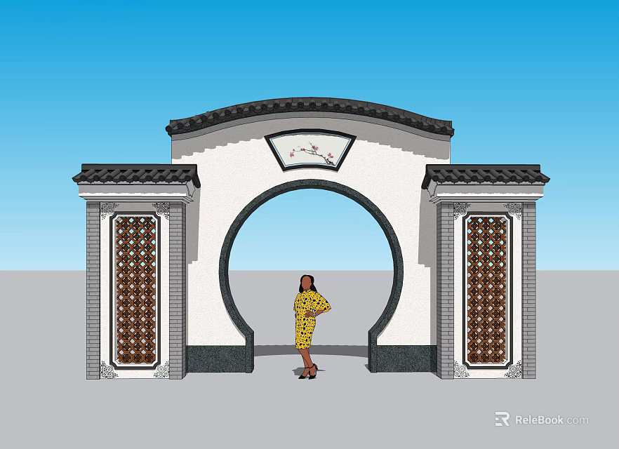 Traditional Chinese Scenic Wall Featuring Circular Archway Tile Roof And Symmetrical Decorative Patterns 3d model 