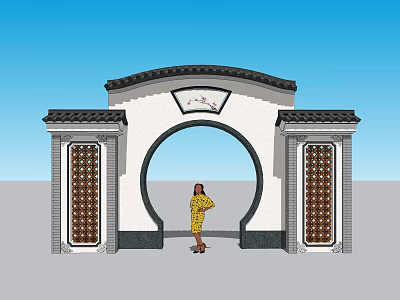 Traditional Chinese Scenic Wall Featuring Circular Archway Tile Roof And Symmetrical Decorative Patterns 3d model