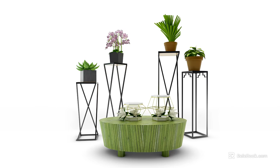 Garden Decor with Various Potted Plants on Black Metal Stands and Green Round Table 3d model 