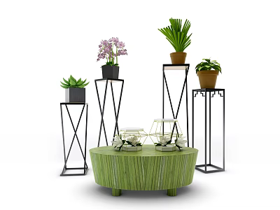 Garden Decor with Various Potted Plants on Black Metal Stands and Green Round Table 3d model