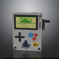 White Handheld Game Console With Green Screen Cross Directional Pad Blue Red Buttons And Stickers