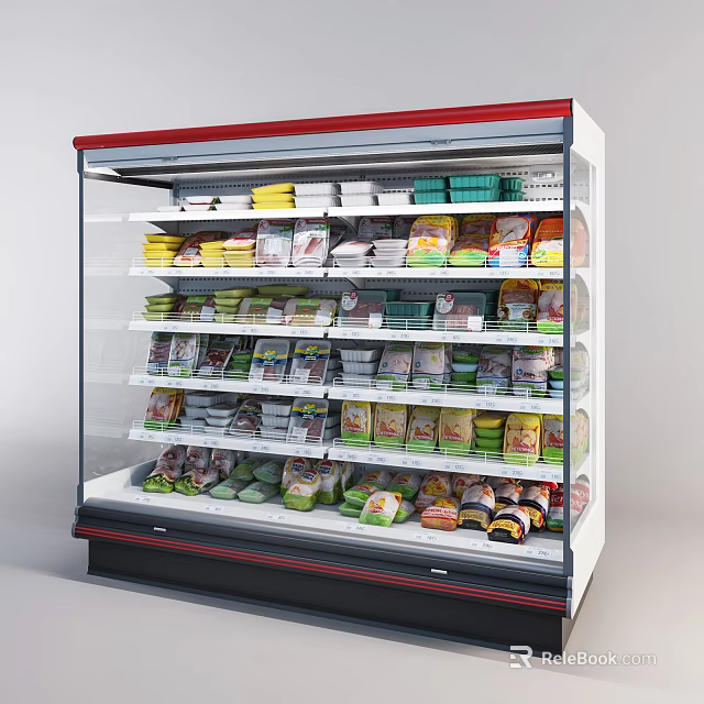 Refrigerated Retail Display Case Shelving with Transparent Door and Packaged Foods on Multiple Layers 3d model 