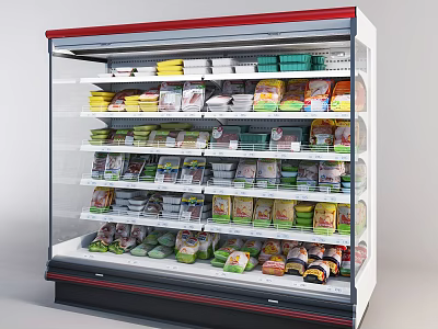 Refrigerated Retail Display Case Shelving with Transparent Door and Packaged Foods on Multiple Layers 3d model