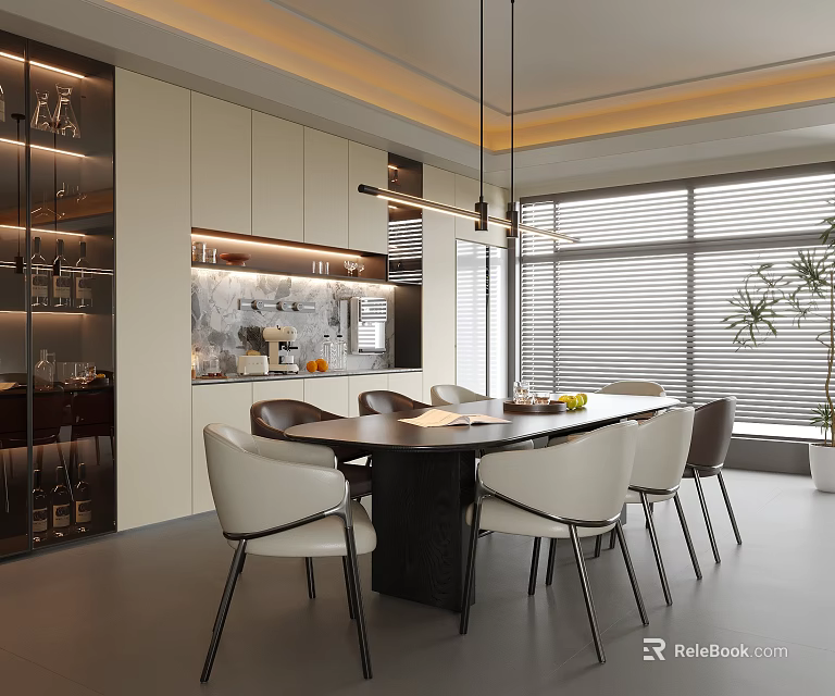 Modern Open Kitchen Interior With Stylish Dining Table And Comfortable Chairs 3d model