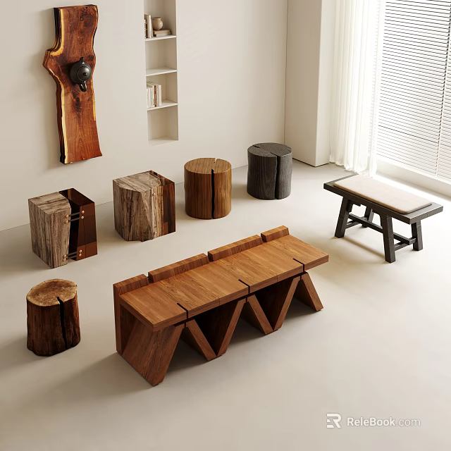 Handcrafted Wooden Stools and Benches with Various Modern Natural Designs for Home Decor 3d model 