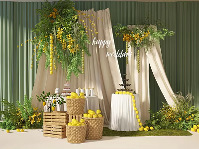 Wedding Floral Display With Green Backdrop White Drapes Yellow Flowers And Lemon Decorations 3d model