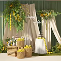Wedding Floral Display With Green Backdrop White Drapes Yellow Flowers And Lemon Decorations