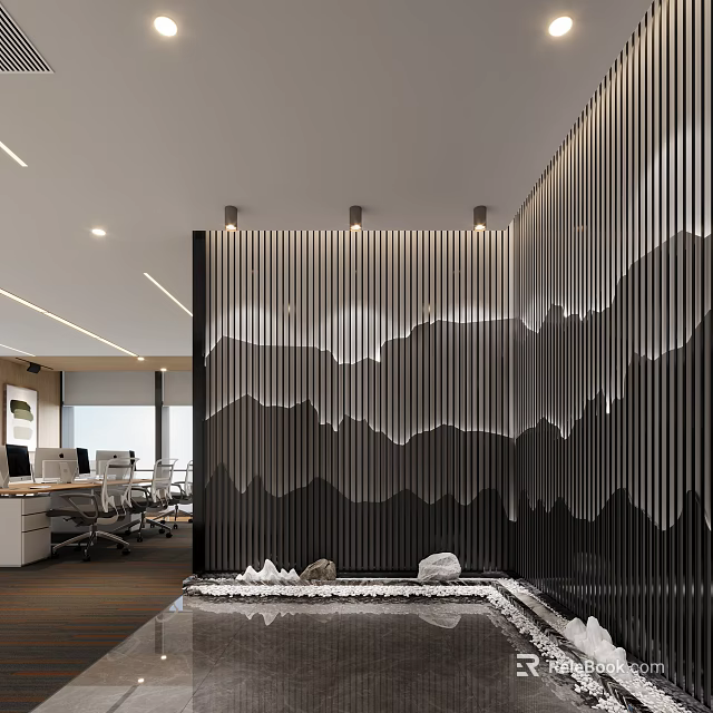 Modern Front Desk Reception Interior Design With Striped Decorative Wall And Mountain Pattern 3d model
