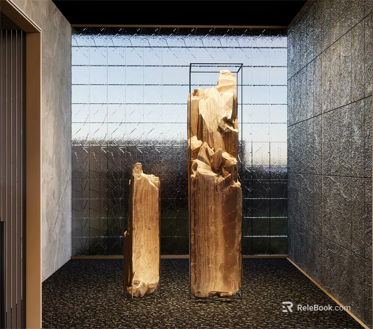 Natural Wooden Decorative Ornament Pieces With Water Feature Wall And Stone Floor 3d model 