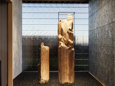 Natural Wooden Decorative Ornament Pieces With Water Feature Wall And Stone Floor 3d model