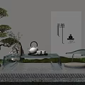 Zen Inspired Glass Tea Table and Chairs with Pine Tree Stone Tea Set and Serene Courtyard