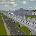 Urban Road Infrastructure With Elevated Train Track Street Lamps Buildings And Green Grass