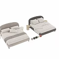 Double Bed with Curved Gray Velvet Headboard White Pillows Comforter Light Round Nightstand and Metal Legs