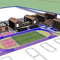 Modern Multi level School Building With Orange Brick Exterior Large Windows Terraces And Playground Running Track