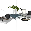 Decorative Ornament Set With White Teapot Black Mugs Books Green Plant Glass Vase And Trays