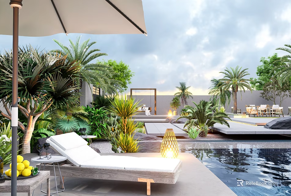 Tropical Courtyard Garden With Swimming Pool Sun Lounger Outdoor Umbrella And Lush Green Plants 3d model 