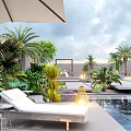 Tropical Courtyard Garden With Swimming Pool Sun Lounger Outdoor Umbrella And Lush Green Plants