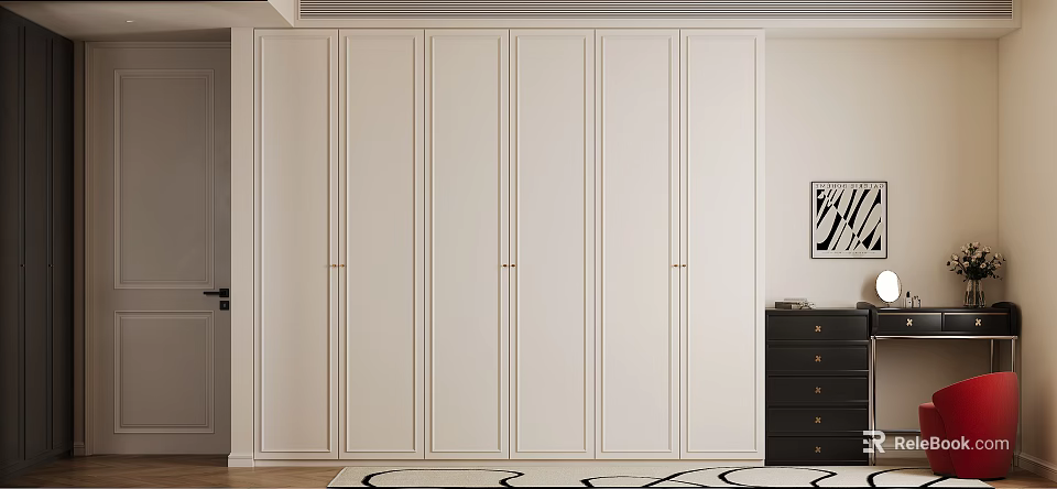 Modern Black Dresser With White Wardrobe Wooden Floor And Black White Rug 3d model 