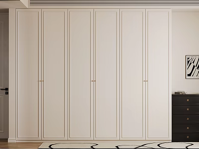 Modern Black Dresser With White Wardrobe Wooden Floor And Black White Rug 3d model